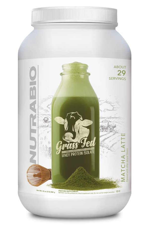NutraBio Grass Fed Whey Isolate Protein Powder - 25G of Protein Per Scoop - Sugar Free Natural Lean Muscle Protein Supplement - Matcha Latte - 2 Pounds, 29 Servings