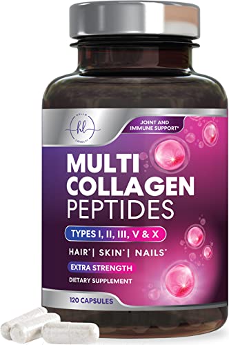 Collagen Peptides - Hair, Skin, Nail & Joint Support - Type I, II, III, V & X - Grass Fed Multi Collagen Supplement for Women & Men - Naturally Sourced Hydrolyzed Collagen, Non GMO - 120 Capsules