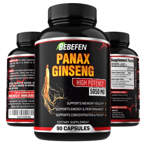 BEBEFEN Panax Ginseng Capsules - 5050mg Formula Pills with Black Pepper Extract - 90 Capsules Panax Ginseng Supplement for Supports Energy, Endurance, Mood, Performance - 3 Month Supply