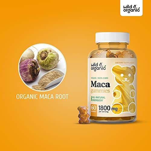 Wild & Organic Maca Root Gummies 1800 mg - Maca Supplement for Endurance, Natural Energy, Mood & Immune Support - Maca Root Organic Gummy - Herbal Maca Gummies - Vegan & Non-GMO - 60 Chews