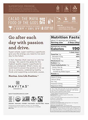 Navitas Organics Raw Cacao Nibs 16oz. bag, 15 servings — Organic, Non-GMO, Fair Trade, Gluten-Free (Pack of 2)