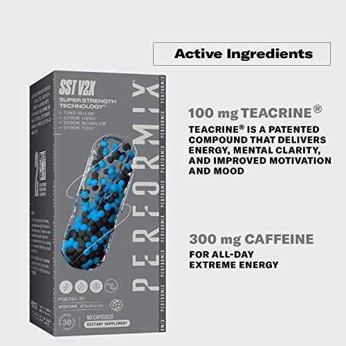 PERFORMIX SST Extreme V2X Thermogenic Supplement - 60 Capsules - Focus, Energy Boost for Men and Women - Caffeine, TeaCrine, Vitamin B12, BioPerine