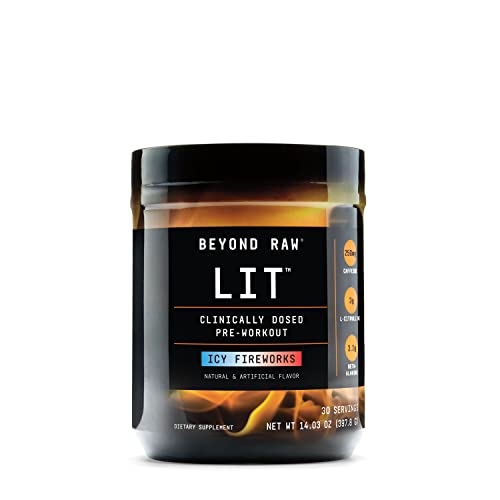 BEYOND RAW LIT | Clinically Dosed Pre-Workout Powder | Contains Caffeine, L-Citruline, and Beta-Alanine, Nitrix Oxide and Preworkout Supplement | ICY Fireworks | 30 Servings
