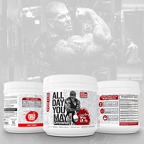 5% Nutrition Rich Piana AllDayYouMay Caffeinated BCAA Energy Powder | Premium Pre Workout Amino Energy & Electrolytes | Hydration, Endurance & Recovery | 16.08 oz, 25 Servings (Fruit Punch)
