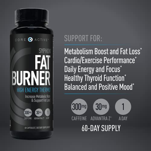Core Active Syphon Thermogenic Fat Burner for Men, Keto Pills, Advantra Z for Energy, Focus, Appetite Control, Increase Metabolism Muscle Toning Supplements, Weight Loss Pills for Women - 60 Capsules