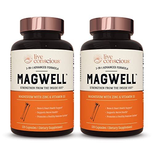 Magnesium Zinc & Vitamin D3 - Bioavailable Forms of Magnesium - Malate, Glycinate, Citrate - MagWell by LiveWell | Bone & Heart Health, Immune System Support - 120 Capsules (2-Pack)