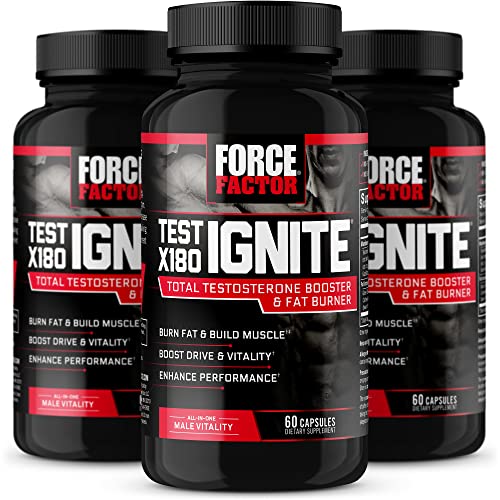 Force Factor Test X180 Ignite, Testosterone Booster & Fat Burner for Men, Testosterone Supplement to Help Build Muscle, Increase Energy, and Boost Vitality and Performance, 60 Count (Pack of 3)