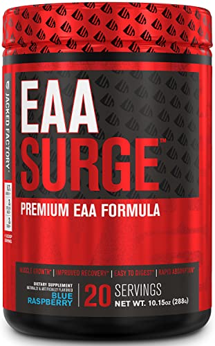Jacked Factory EAA Surge Essential Amino Acids Powder - EAAS & BCAA Intra Workout Supplement w/L-Citrulline, Taurine, & More for Muscle Building, Strength, Endurance, Recovery - Blue Raspberry, 20sv