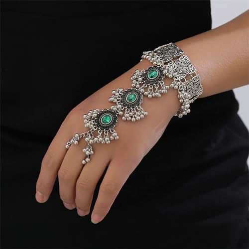 Boho Vintage Ethnic Green Crystal Finger Ring Bracelet