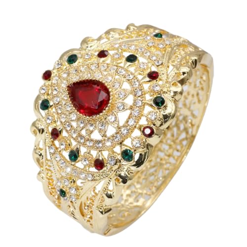 Vintage Gold Moroccan Cuff Bracelet with Crystal Flower