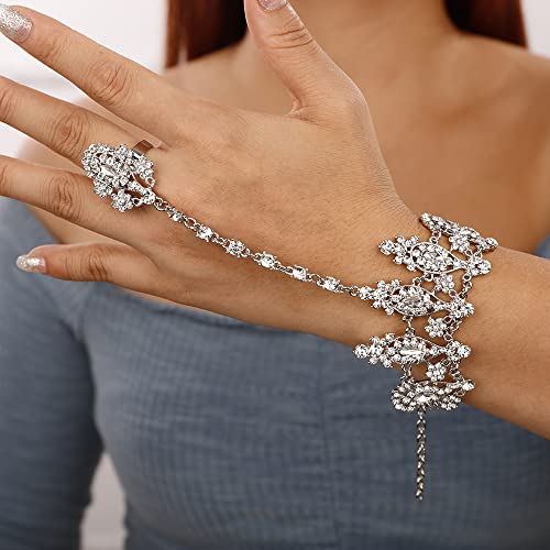 Boho Silver Rhinestone Hand Chain Bracelet for Women