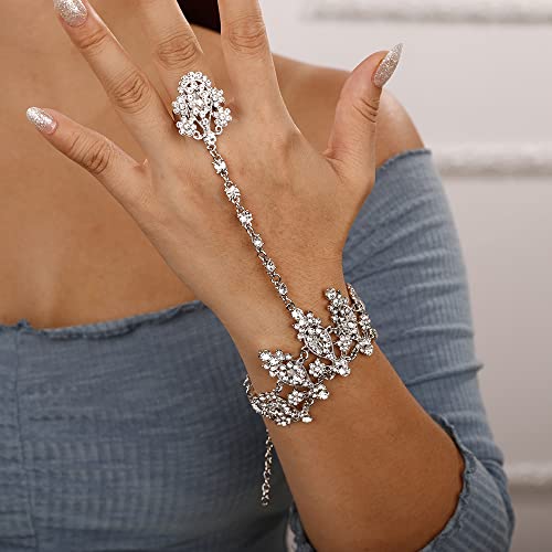 Boho Silver Rhinestone Hand Chain Bracelet for Women