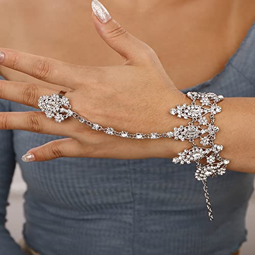 Boho Silver Rhinestone Hand Chain Bracelet for Women