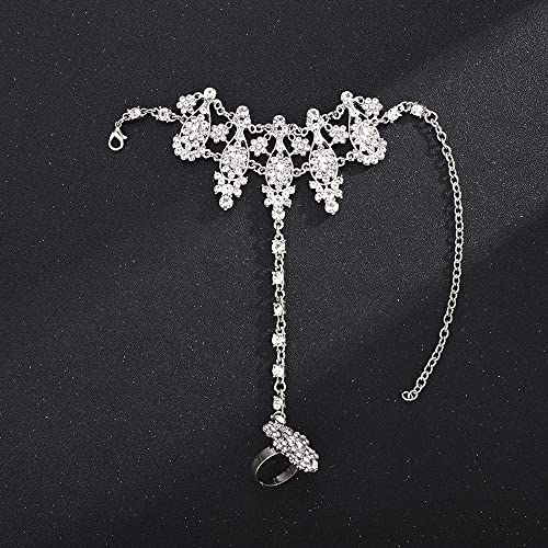 Boho Silver Rhinestone Hand Chain Bracelet for Women