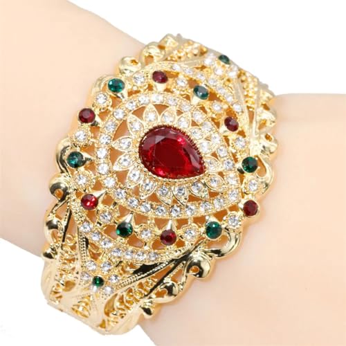 Vintage Gold Moroccan Cuff Bracelet with Crystal Flowers