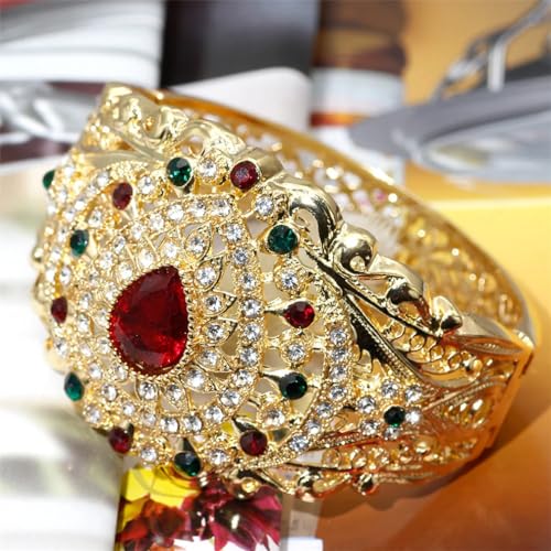 Vintage Gold Moroccan Cuff Bracelet with Crystal Flowers