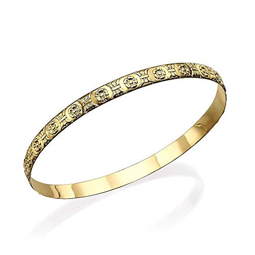 14k Gold Engraved Floral Moroccan Bangle Bracelet