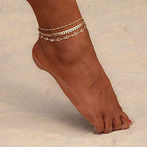 Gold Plated 3-Layer Fishbone Beaded Anklet
