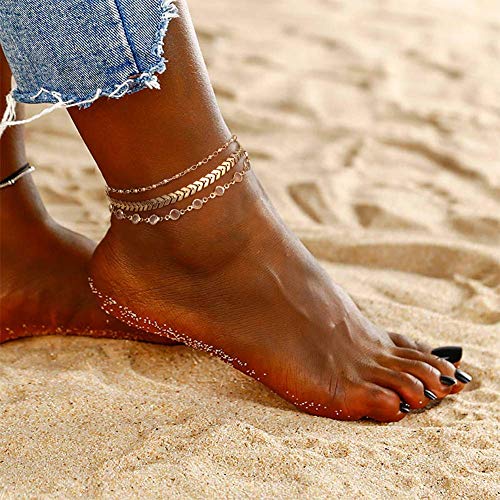 Gold Plated 3-Layer Fishbone Beaded Anklet