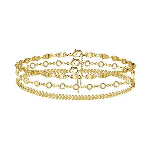 Gold Plated 3-Layer Fishbone Beaded Anklet