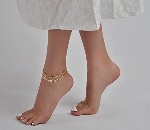 Gold Plated 3-Layer Fishbone Beaded Anklet