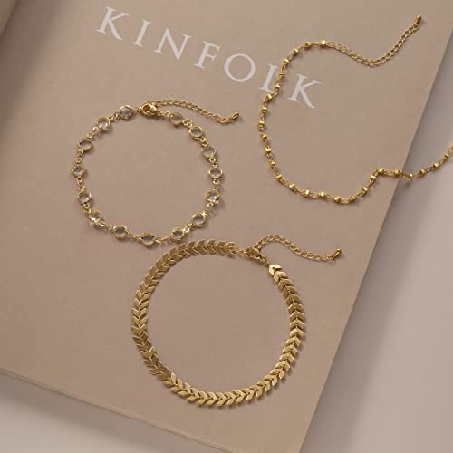 Gold Plated 3-Layer Fishbone Beaded Anklet