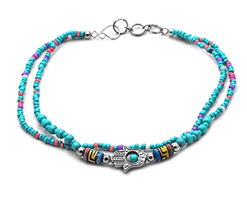 Turquoise Hamsa Hand Beaded Multi-Strand Anklet