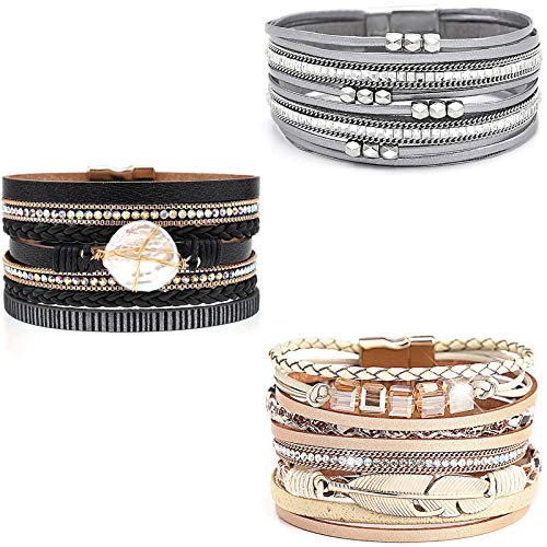 Moroccan Leather Cuff Bracelet Set - 3 Pack