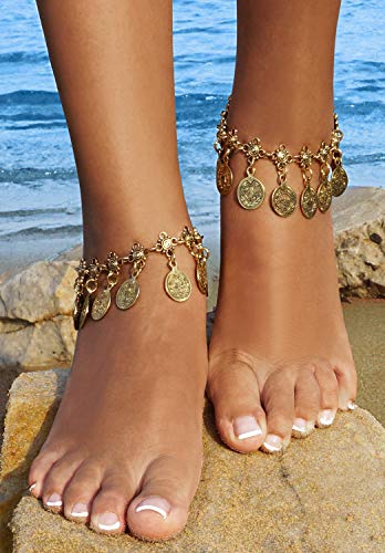 Boho Coin Anklet Bracelet with Tassel Charm