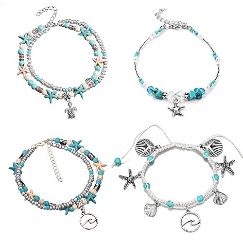 Boho Blue Starfish Turtle Multilayer Anklet