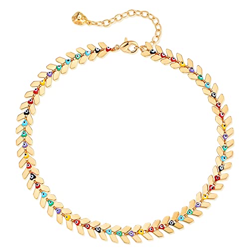 Gold Rainbow Evil Eye Fishbone Anklet for Women