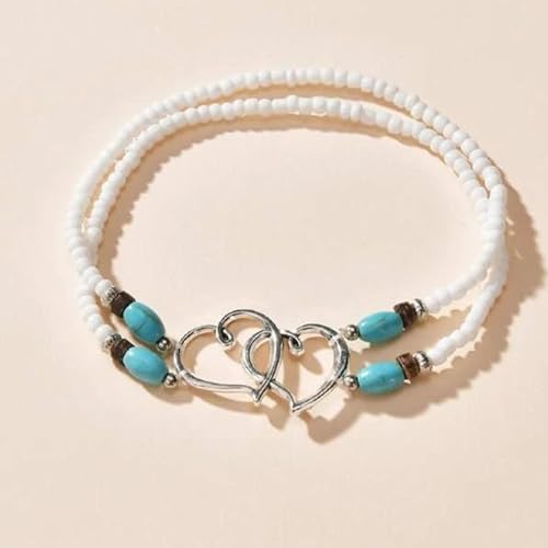 Double Layered Heart Turquoise Beaded Ankle Bracelet