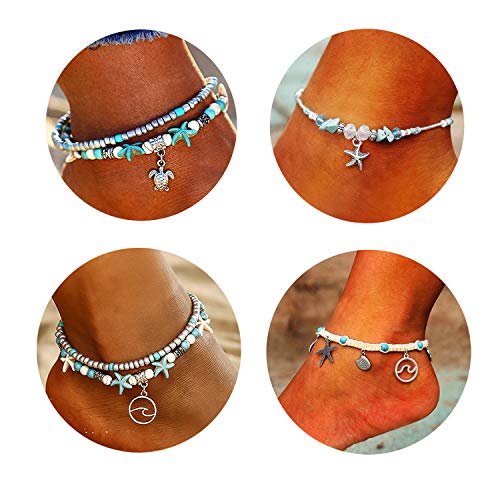 Boho Blue Starfish Turtle Multilayer Anklet