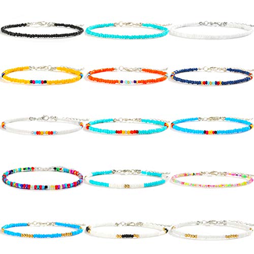 Boho Handmade Beaded Ankle Bracelet Set – 15 Pcs