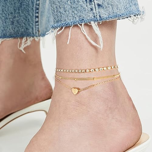 Dainty Gold Initial Ankle Bracelet for Women