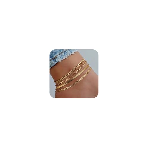 4PCS Gold Stackable Ankle Bracelets for Women