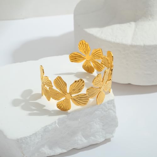 Boho Gold Flower Cuff Bracelet for Women