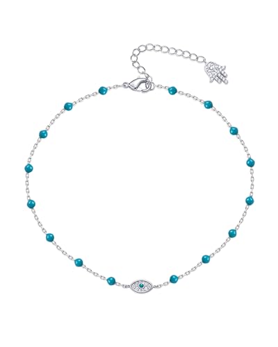 Rhodium Plated Hamsa Evil Eye Beaded Anklet