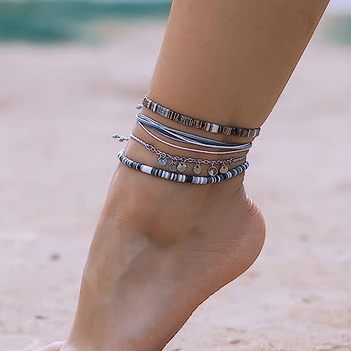 Boho Waterproof Clay Bead Ankle Bracelet Set