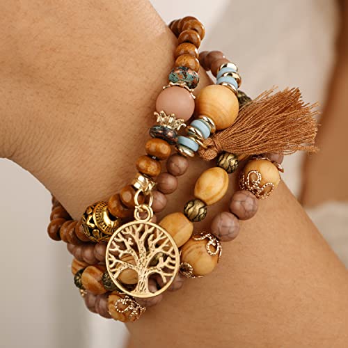 Bohemian Coffee Layered Beaded Bracelet Set
