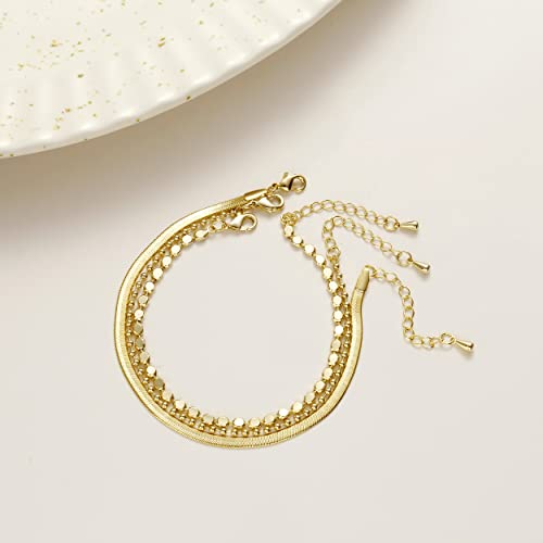 14K Gold Layered Herringbone Bracelets for Women