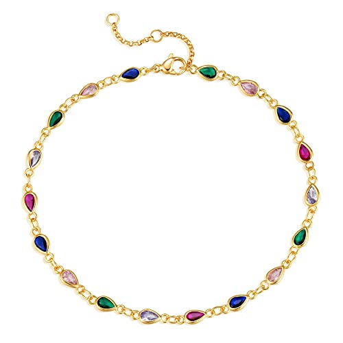 Gold Teardrop Rainbow Zirconia Anklet for Women