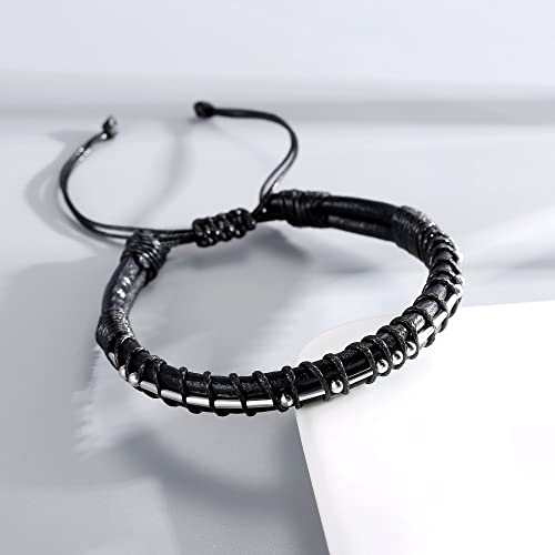 Inspirational Black Leather Morse Code Bracelets for Men