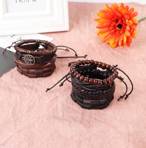 Ethnic Woven Leather Bracelets with Wood Beads