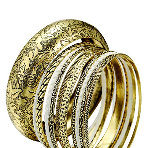 Antique Gold White Flower Aztec Multi Bangles Set
