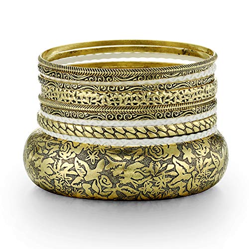 Antique Gold White Flower Aztec Multi Bangles Set