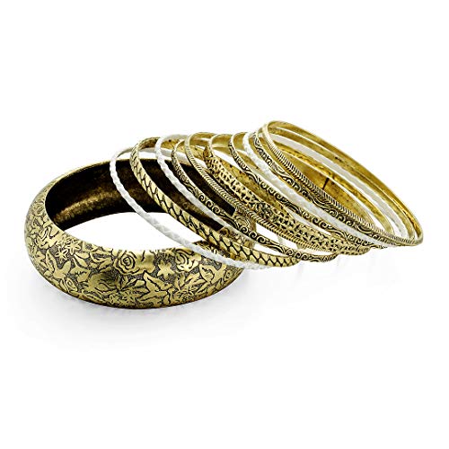Antique Gold White Flower Aztec Multi Bangles Set