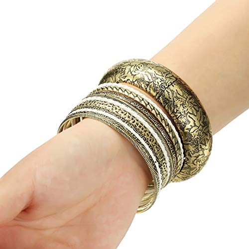 Antique Gold White Flower Aztec Multi Bangles Set