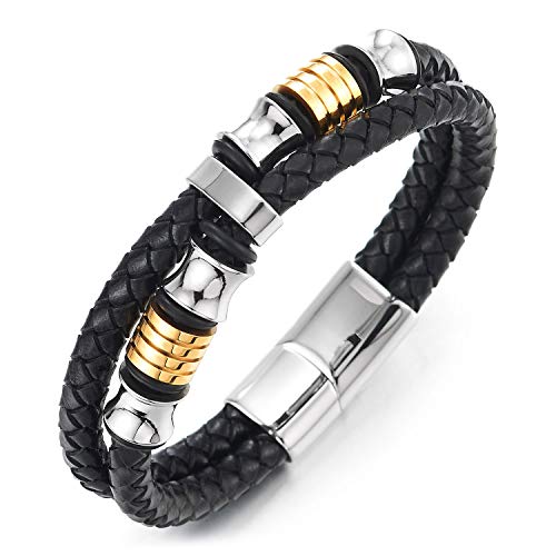 Men's Black Braided Leather Bracelet with Silver Gold Accents