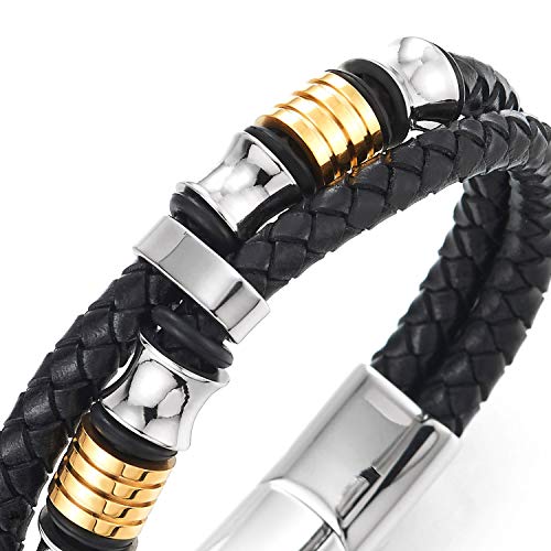 Men's Black Braided Leather Bracelet with Silver Gold Accents